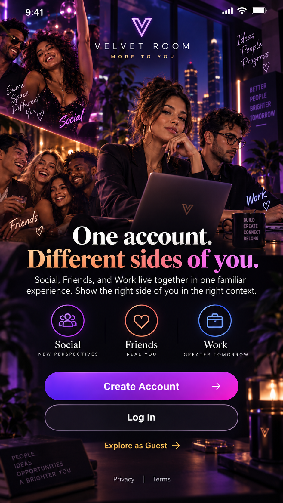 Velvet Room — One account. Different sides of you.